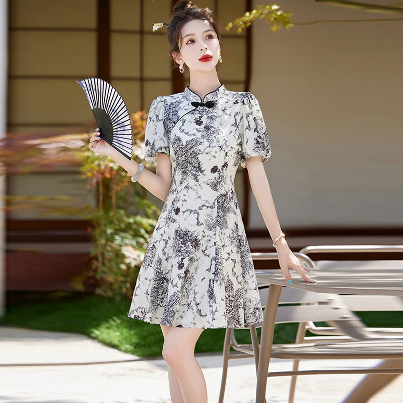 水墨印花连衣裙女2025夏季新款洋气修身显瘦小个子新中式国风裙子