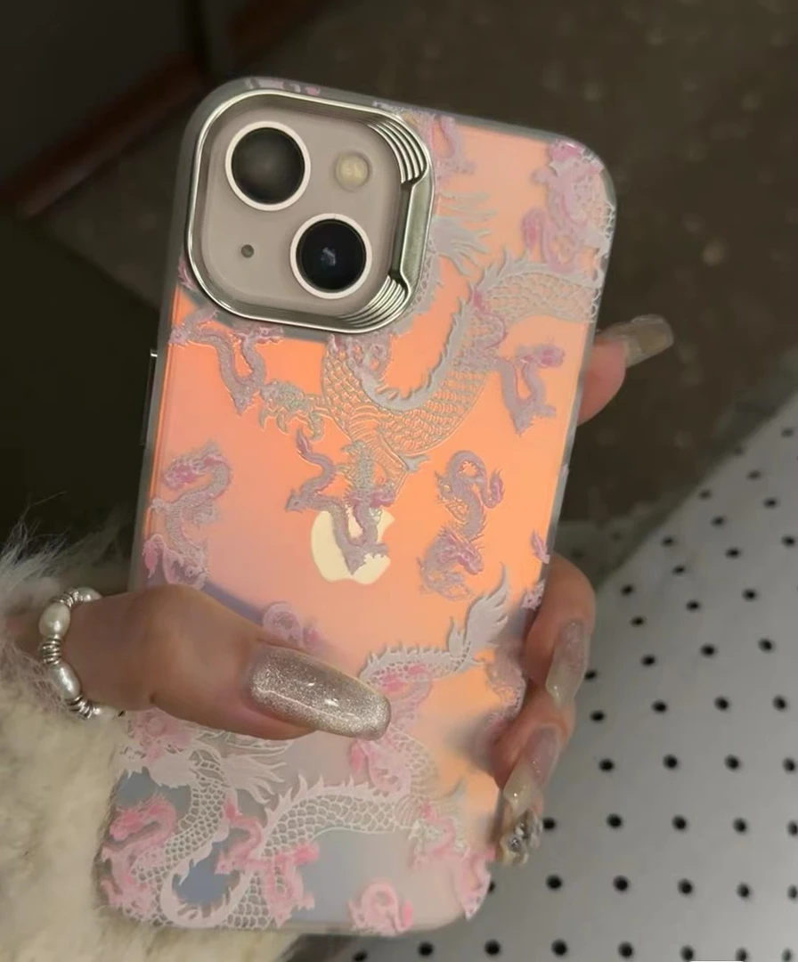 国潮中国龙渐变镭射手机壳粉色少女心手机保护套iphone苹果手机壳