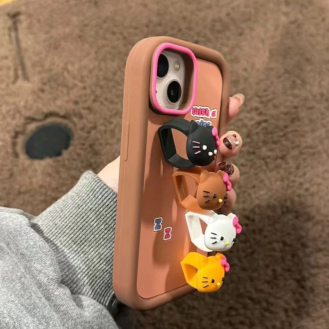 可爱卡通kt猫戒指套创意手机立体硅胶软壳iphone14/15手机保护壳