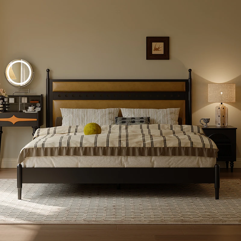 简约主卧双人床1米8实木床胡桃色床美式实木复古床中古风轻奢法式