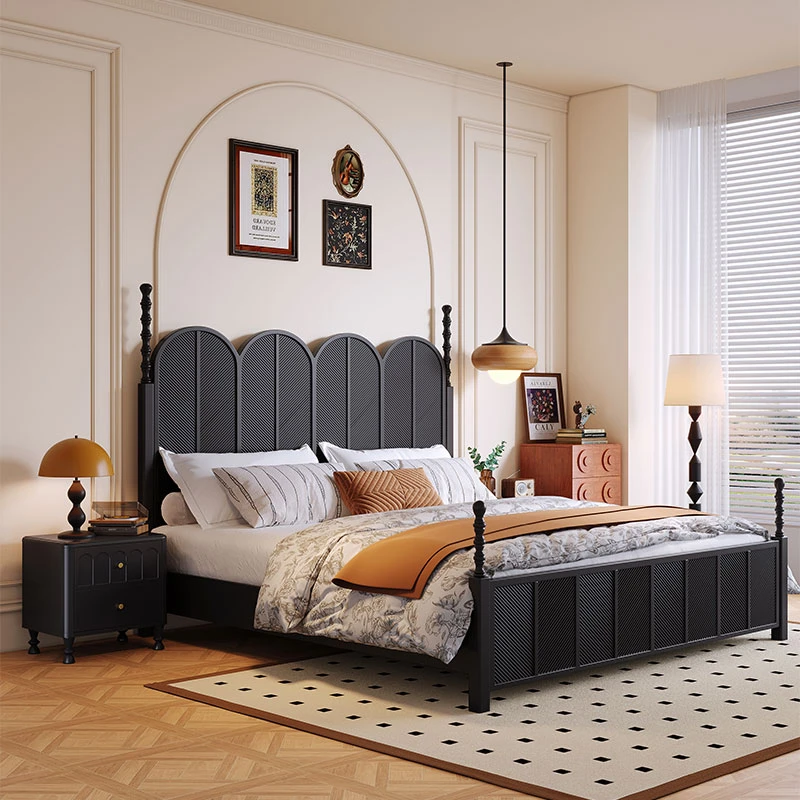 法式复古风实木床主卧室双人床黑色美式轻奢大床婚床1.8米储物床