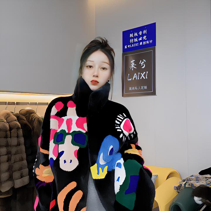 LAIXI/莱兮设计师原创风格重工撞色扣花轻奢女士外套 衣长68CM