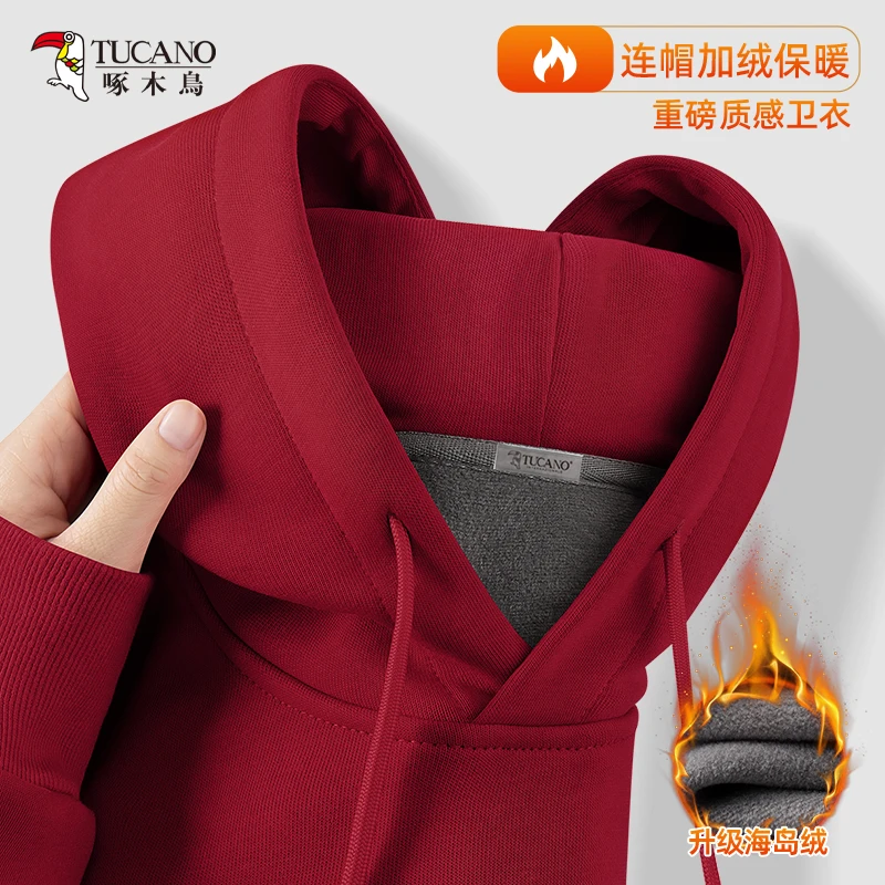 啄木鸟连帽卫衣男秋冬款加绒加厚安可拉酒红色2025蛇年本命年外套