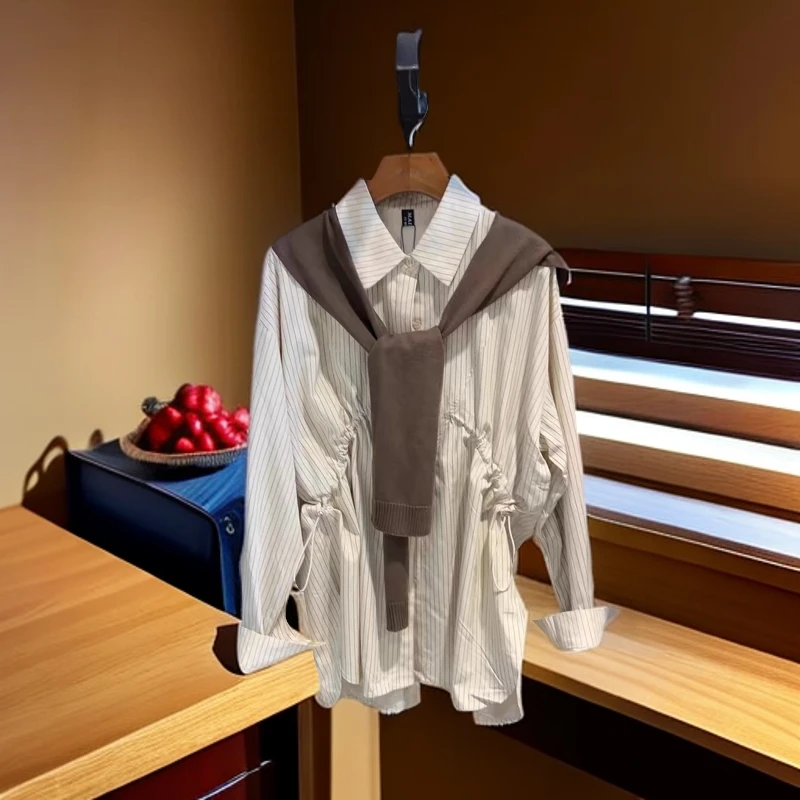 麦寻设计感斜扣不规则中长款条纹披肩休闲气质长袖衬衫