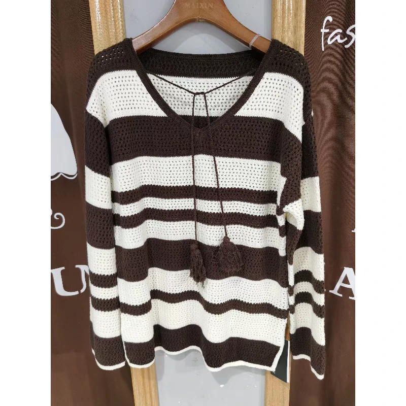 麦寻女装2024秋款Ztlhq002长袖条纹针织衫宽松休闲女上衣长68厘米