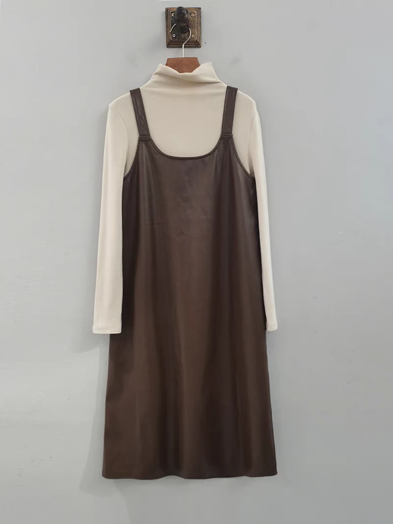 麦寻TZQZQ004冬两件套连衣裙复古简约高级感韩系pu叠穿吊带裙减龄