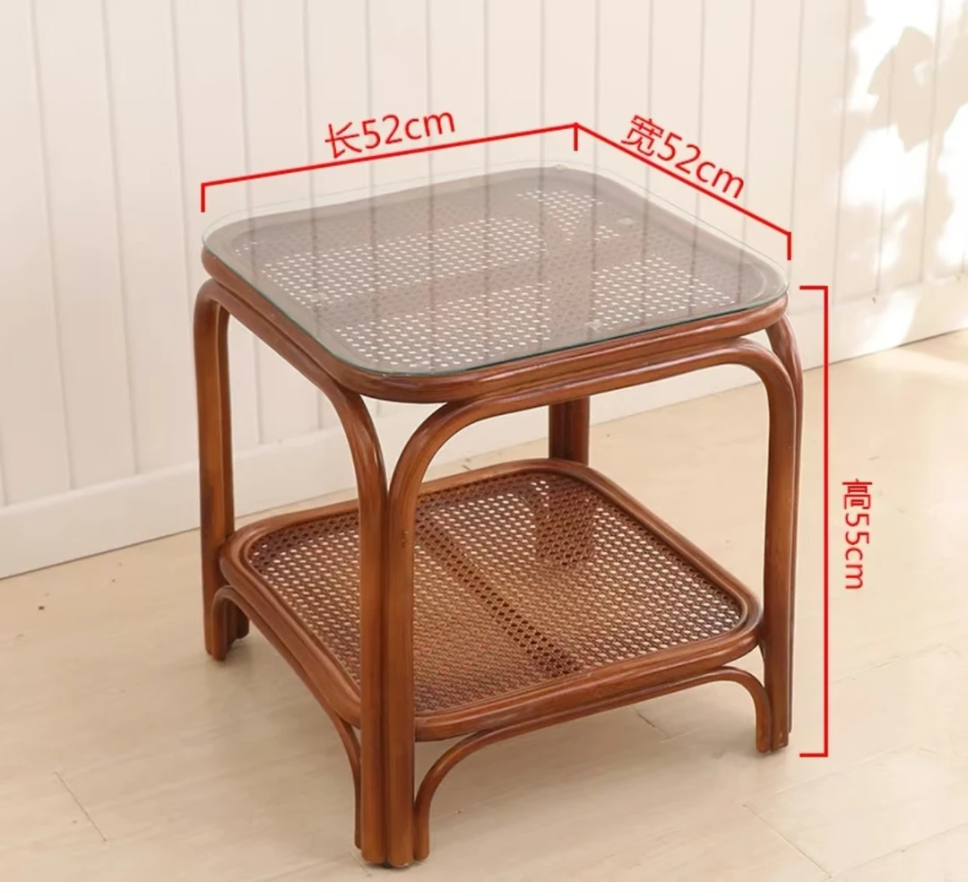 【春和景明家居】手工藤编方形茶几全藤网格方桌方形茶桌双层小茶桌