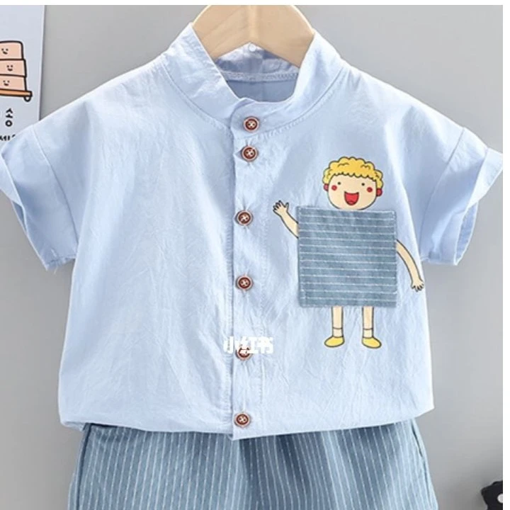 【400-599】韩版男童小熊印花格子衬衣潮半袖上小童（实物为准）