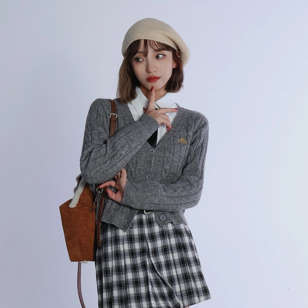 co&sheng小个子定制打底修身灰咖色毛衣针织小开衫女春季学院风