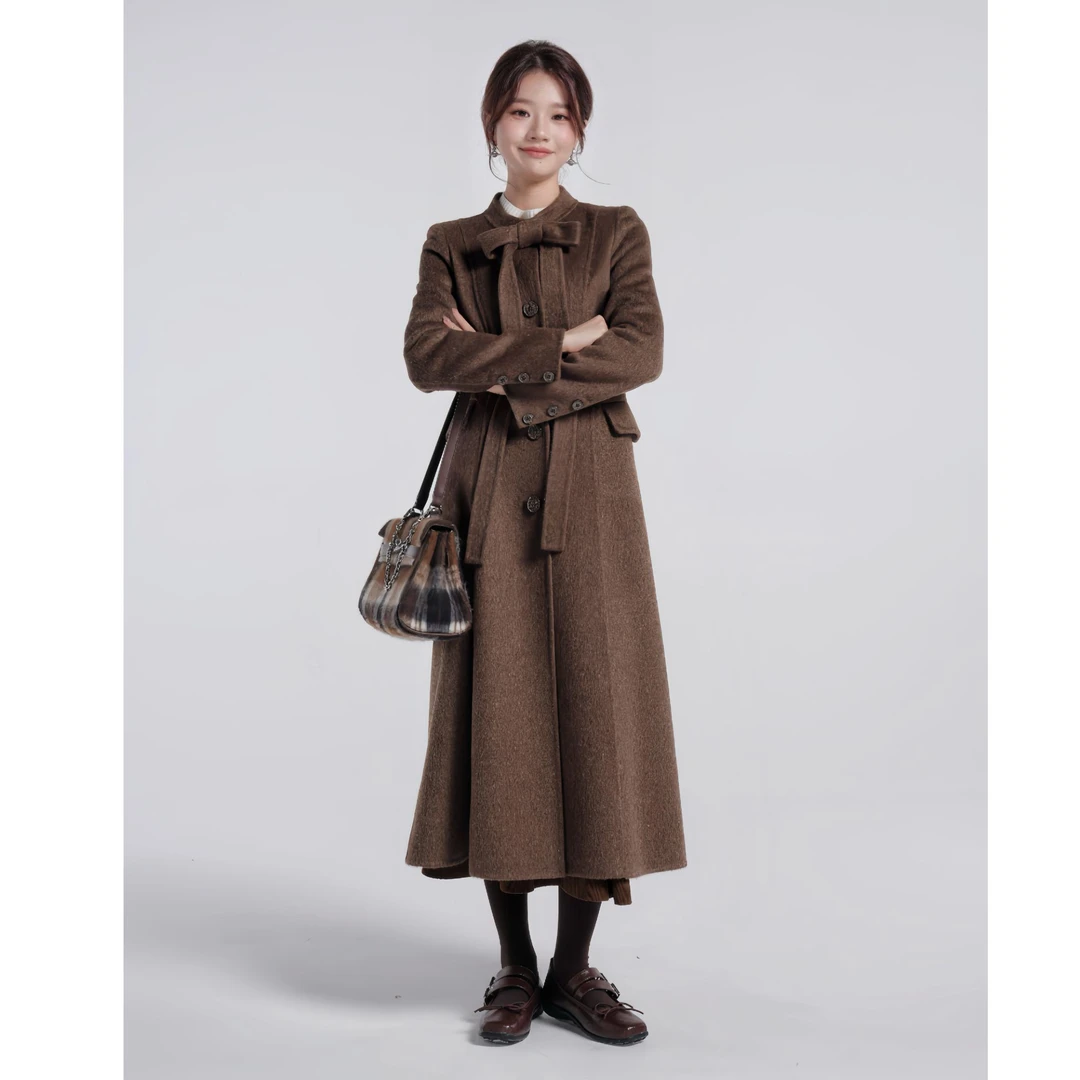 CO&SHENG重生小个子女秋冬蝴蝶结领大衣气质洋气时尚休闲