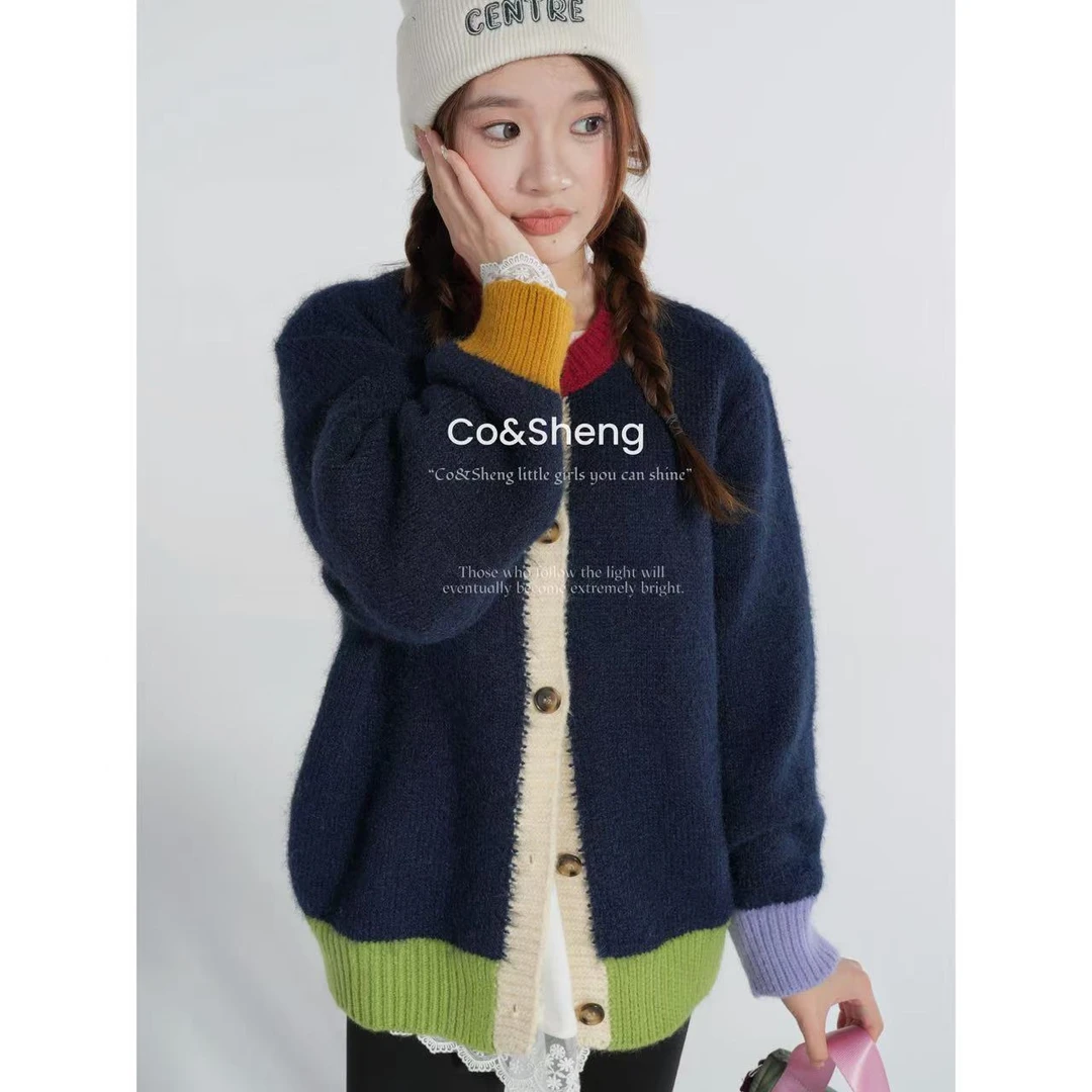冬日巡游/co&sheng150小个子春季新款时尚撞色羊毛针织毛衣外套