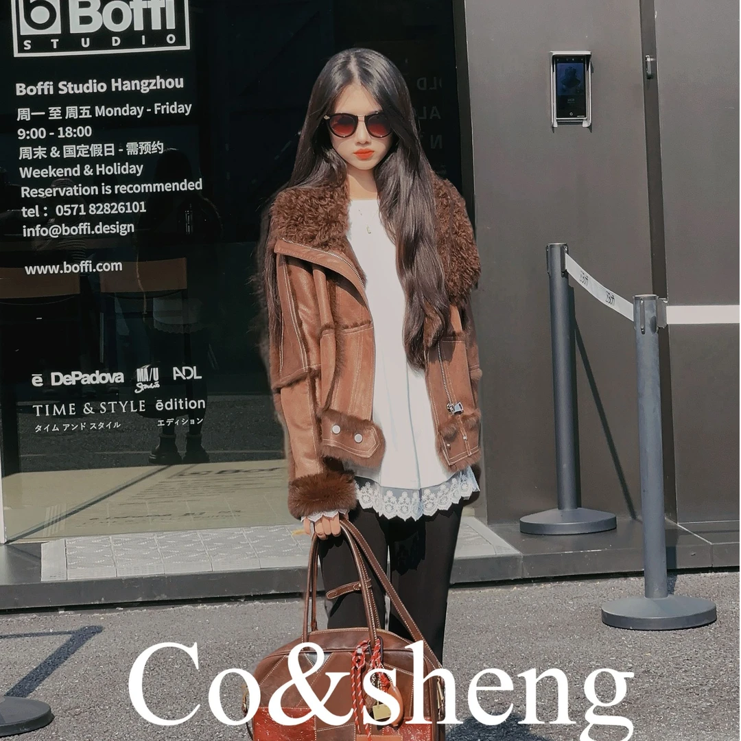 co&sheng小个子定制秋冬新款短外套兔毛一体轻奢时尚显瘦短款休闲