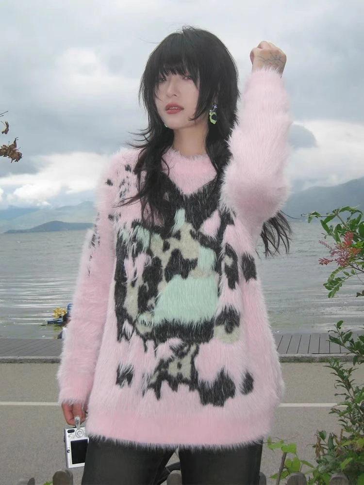 美式慵懒风毛衣女秋季涂鸦图案仿貂毛宽松针织衫粉色上衣高级感