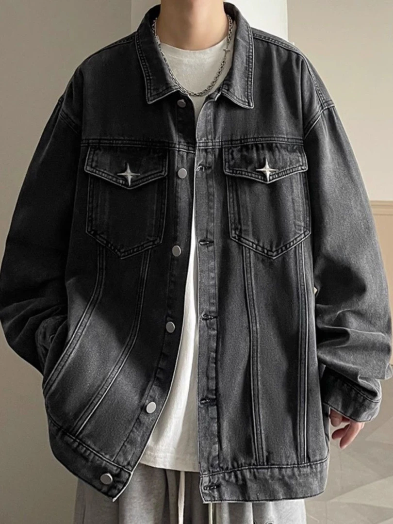 春秋季牛仔外套男女装美式高街复古翻领痞帅宽松休闲百搭褂子夹克
