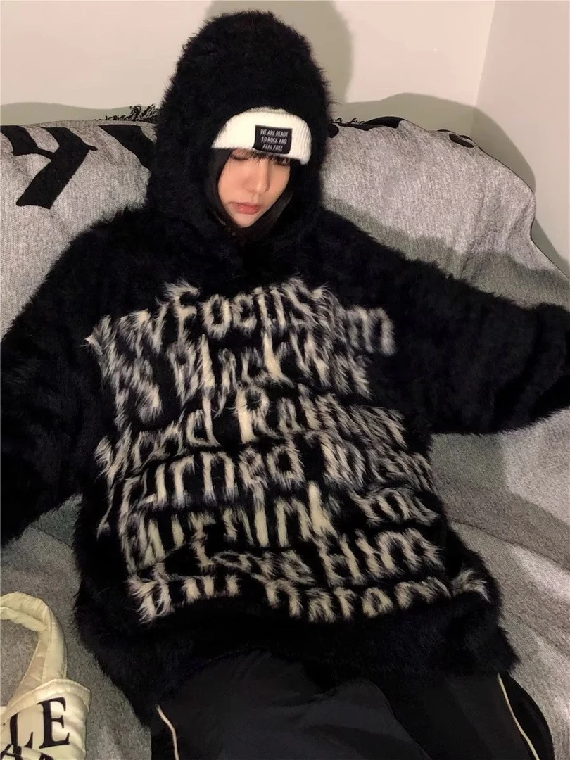 字母提花连帽慵懒风针织衫上衣女秋冬季新款百搭宽松套头长袖毛衣