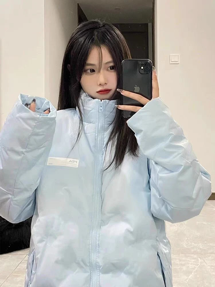 浅蓝色棉服女韩版潮牌立领加厚情侣棉袄外套宽松美式oversize棉衣