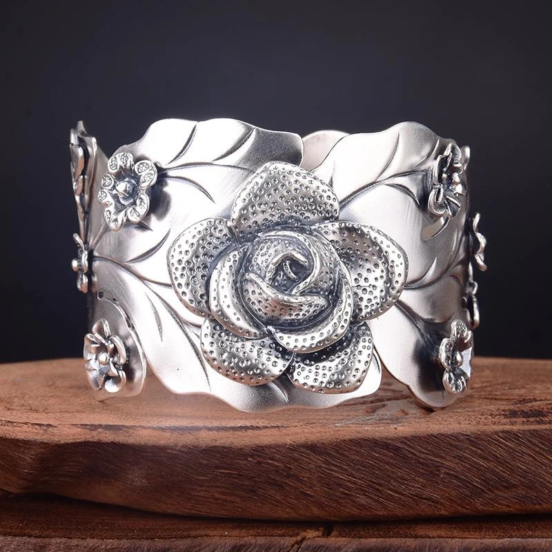 铜合金手镯 小众手镯复古创意夸张民族风开口宽版叶子蝴蝶花手镯