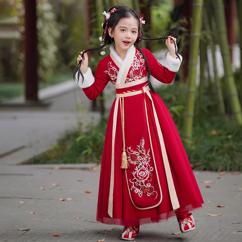 女童轻奢中国风爆款汉服加绒加厚唐装拜年服连衣裙古装冬款古风