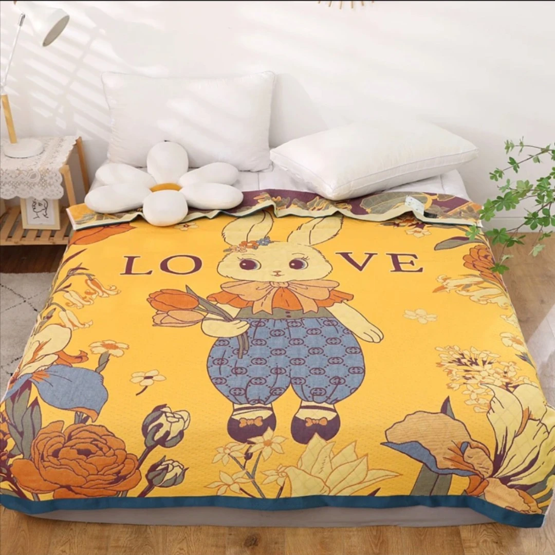 1.5*2春游小兔多功能纱布床盖可铺可盖柔软亲肤学生加厚精梳盖毯