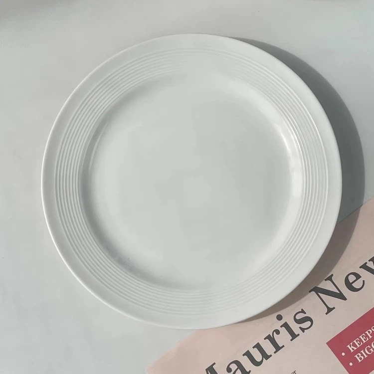 简约细纹陶瓷8英寸白色螺纹意面盘西餐牛排盘平盘早餐盘家用菜盘