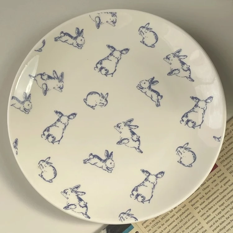 韩国ins风高颜值兔子动物盘子蓝色卡通陶瓷家用甜品盘西餐平盘