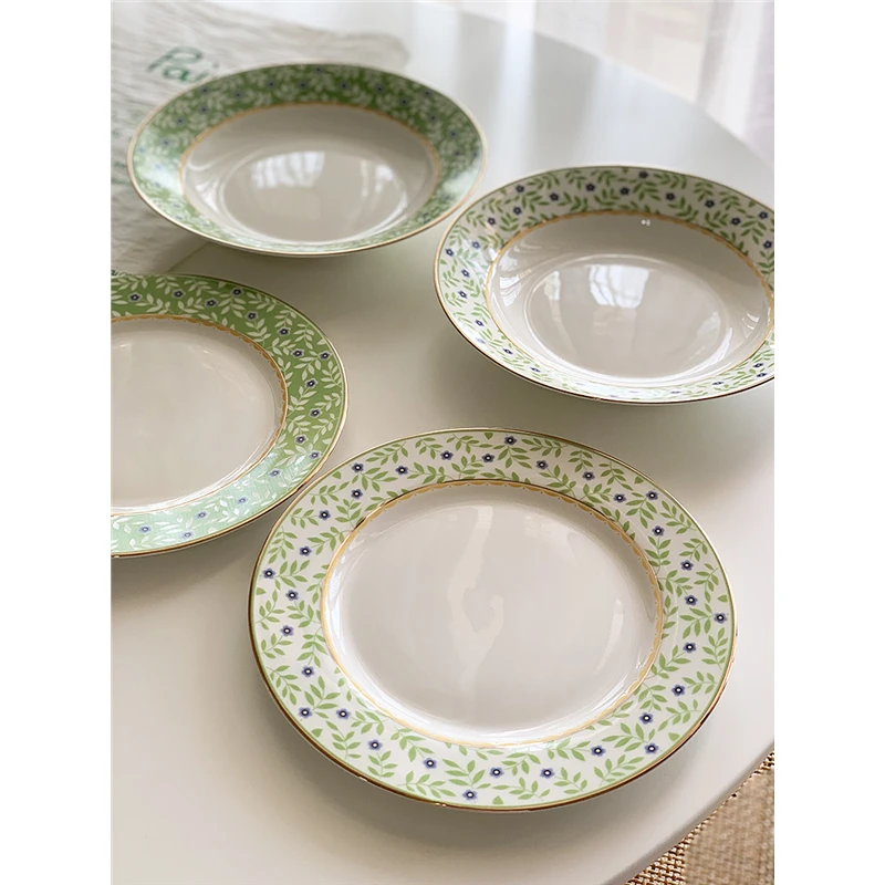 韩式ins风精致金边8英寸釉上彩陶瓷家用苹果绿小花西餐盘早餐盘