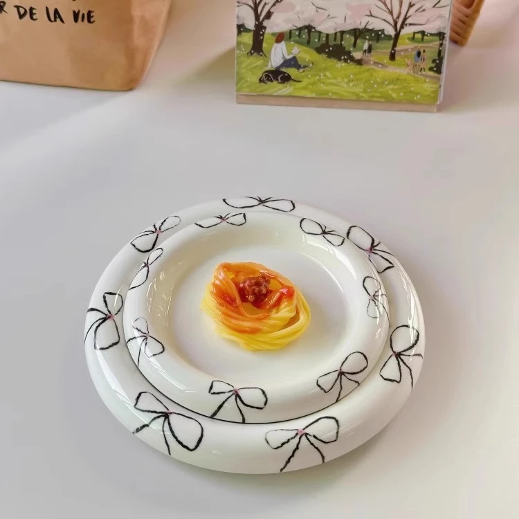 【直播专用】韩国网红博主ins高颜值卷边蝴蝶结点心盘陶瓷早餐盘