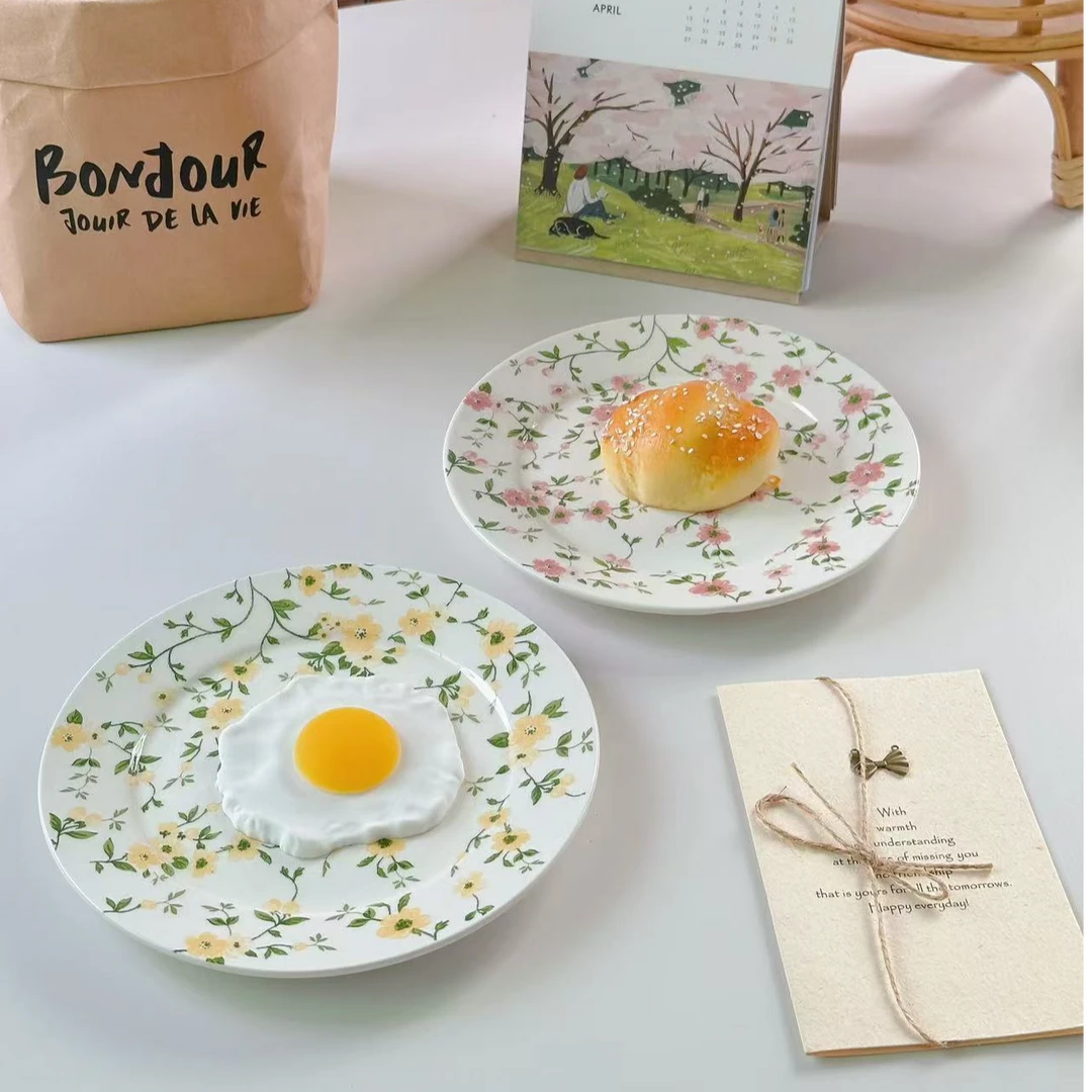 韩式田园风清新治愈小碎花陶瓷家用8英寸盘子点心早餐平盘两件套