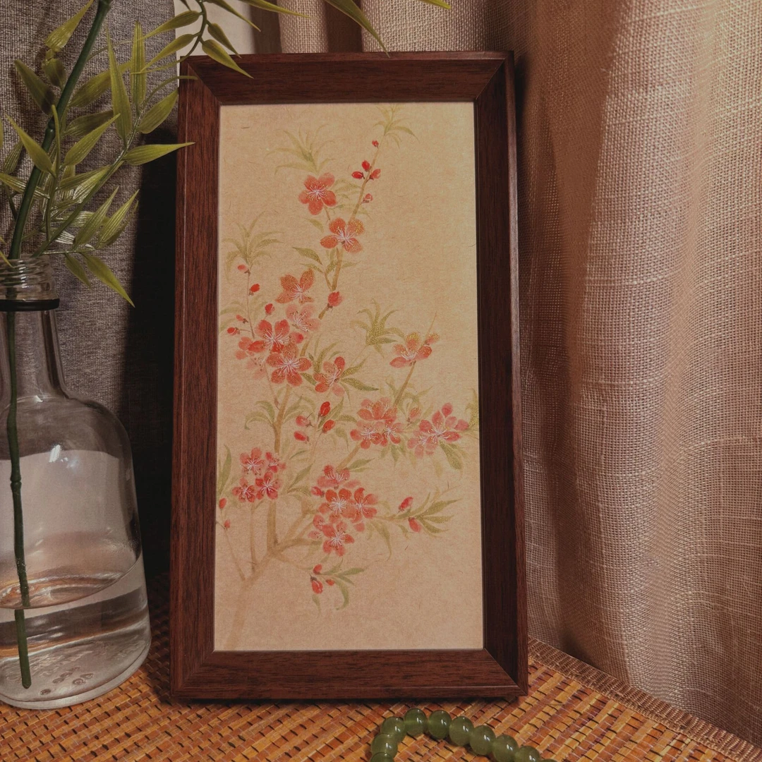 手绘国画摆台可挂可摆——《桃之夭夭》·14.5x27.5