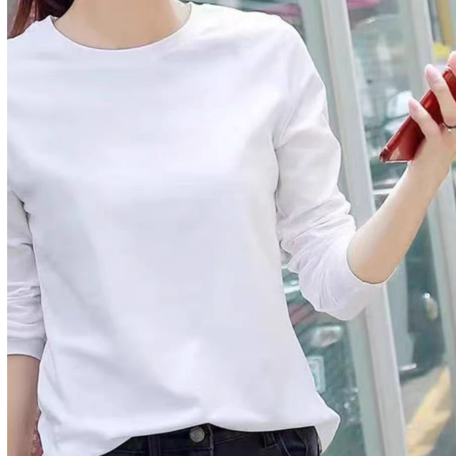 小个子纯棉秋新款圆领长袖T恤修身百搭显瘦白色简约打底衫休闲