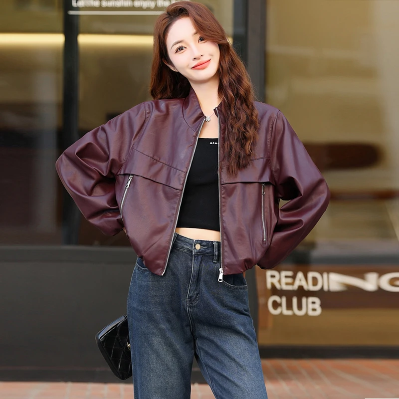 2025新款秋季宽松显瘦休闲时尚短款皮衣夹克立领拉链外套女夹克