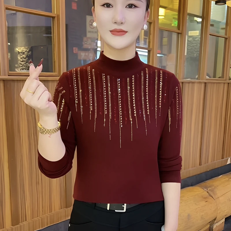 秋冬新款修身显瘦时尚半高领烫钻长袖打底衫大码遮肚子减龄小衫潮