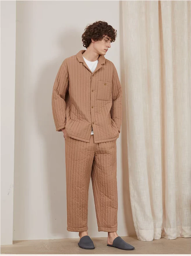 朵朵可可睡衣男士秋冬款梭织夹棉翻领对襟加厚纯色休闲保暖家居服