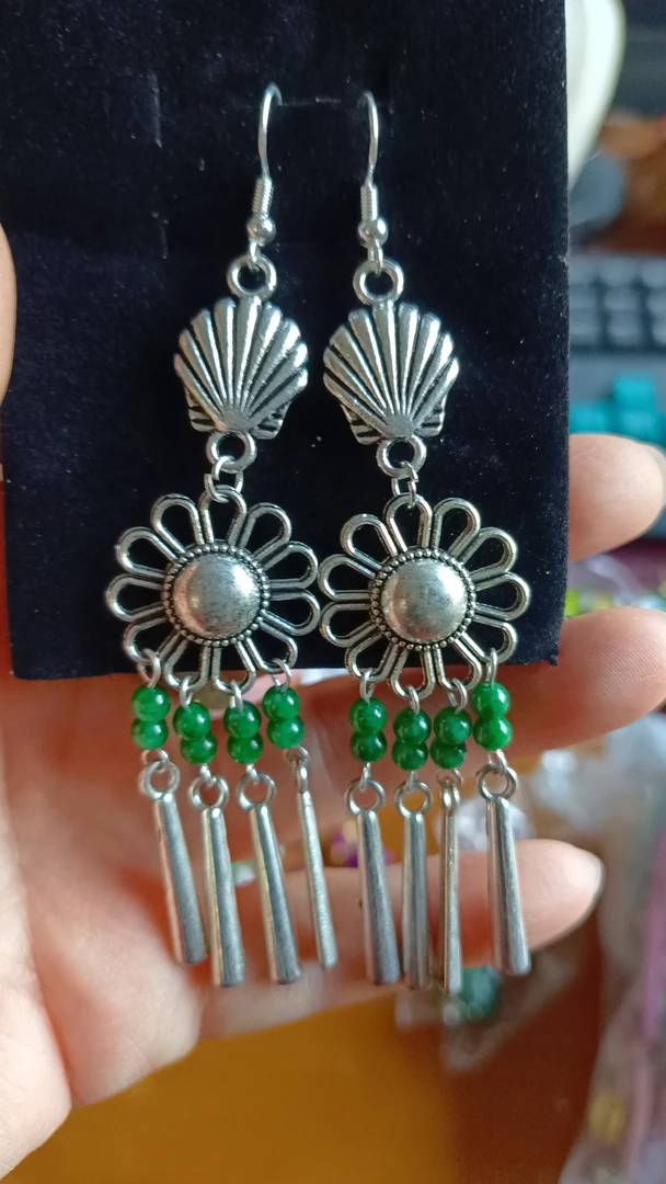 铜合金石英石耳饰 绿色捕梦网耳坠