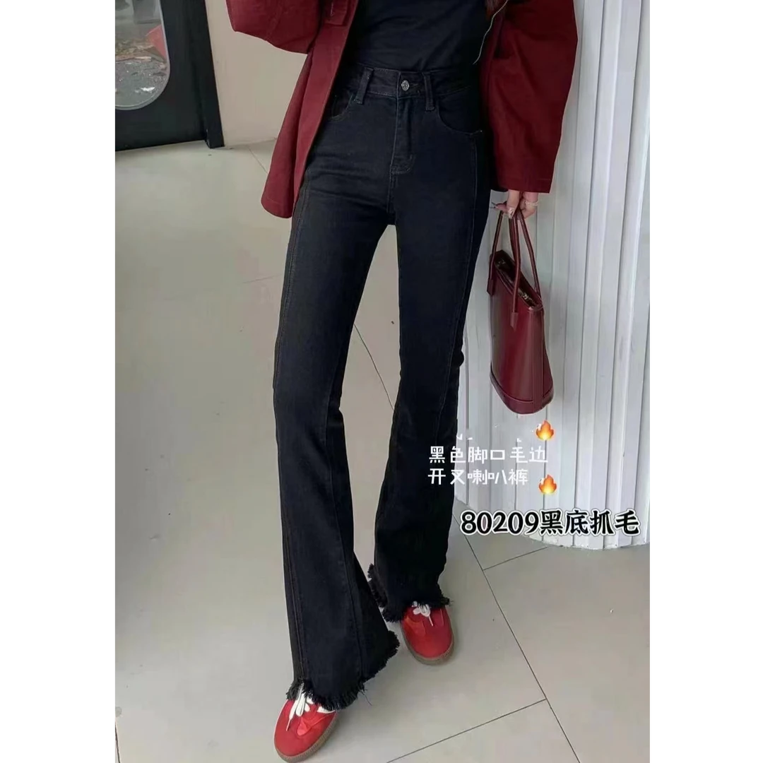 秋冬新款高弹力抓毛牛仔喇叭裤80209