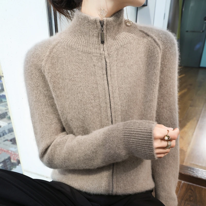 立领双拉~厚款双拉链立领开衫精仿长袖开衫 8442