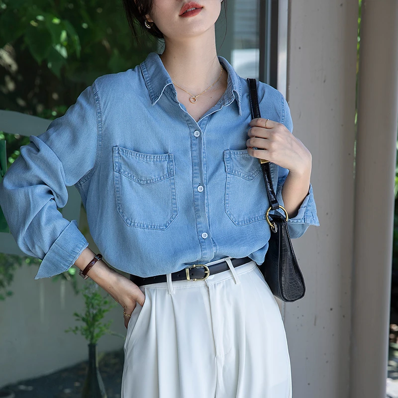 牛仔衬衣女宽松百搭小众设计感气质显瘦长袖上衣中长款衬衫薄外套