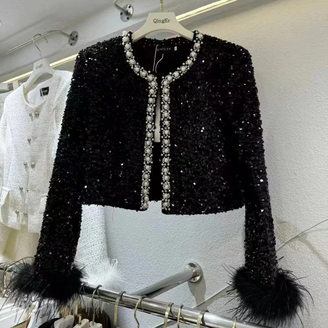 轻奢小香亮片粗花呢短外套女2024秋冬珍珠水钻边加棉毛毛袖口上衣