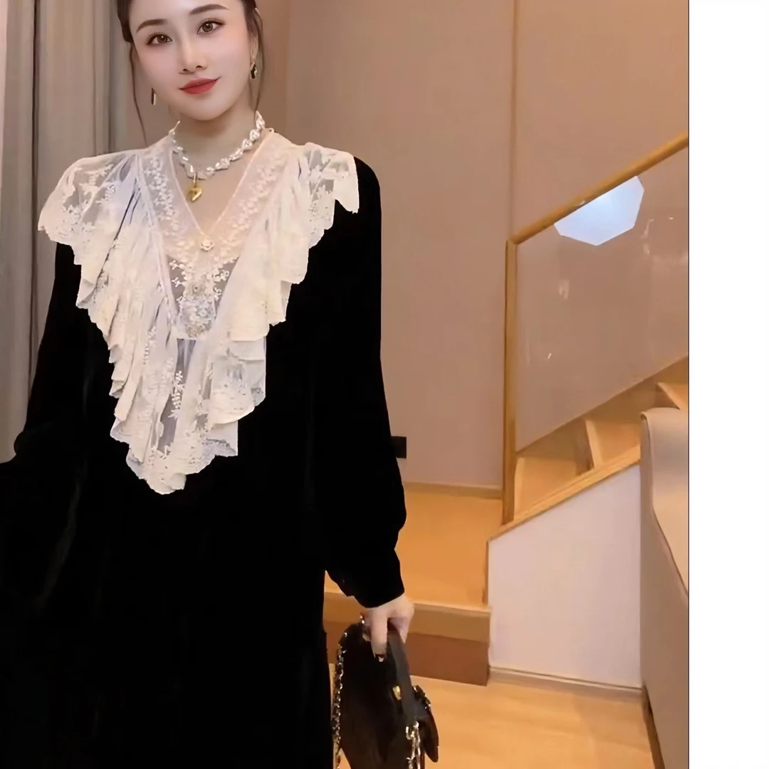 福利2023早春新款荷叶边蕾丝花边金丝绒拼接v领连衣裙中长款女潮