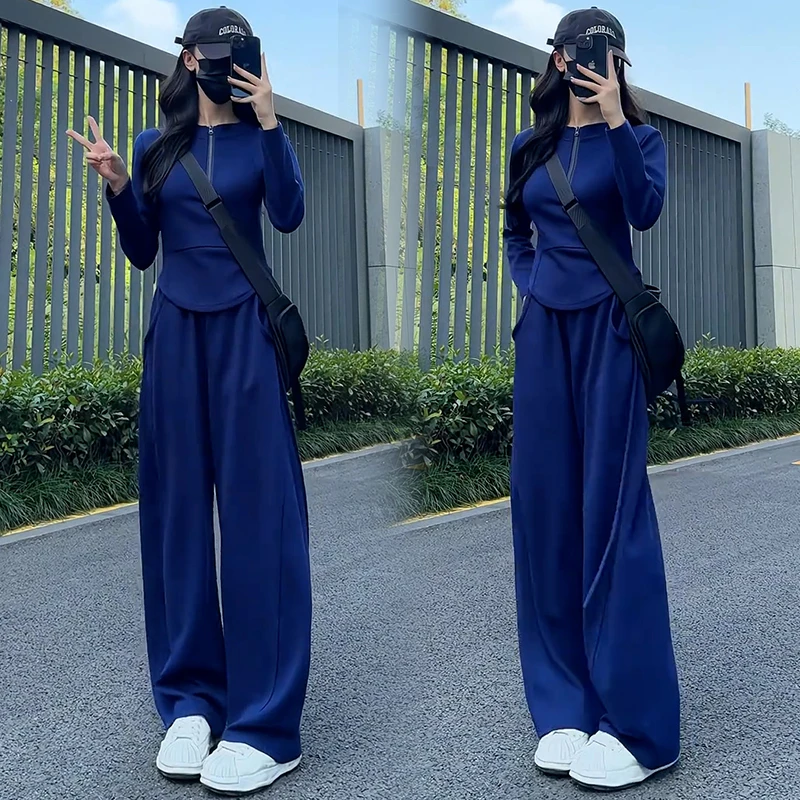 休闲运动套装女2024秋季新款时髦洋气显瘦半拉链卫衣阔腿裤两件套