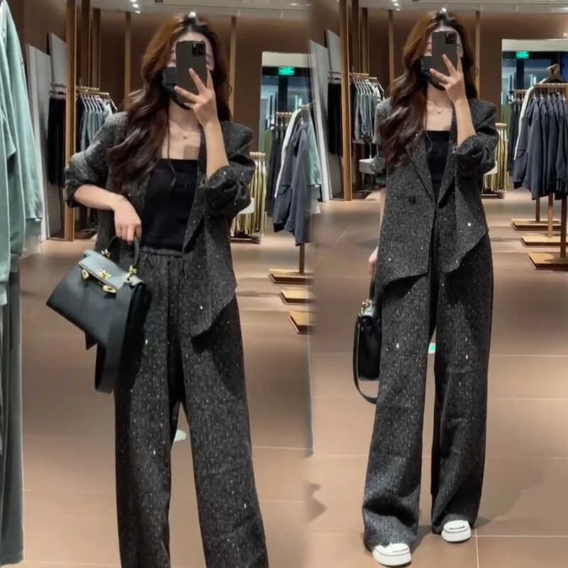 时尚套装女2024秋季新款星空亮钻西装外套阔腿裤显瘦气质两件套潮