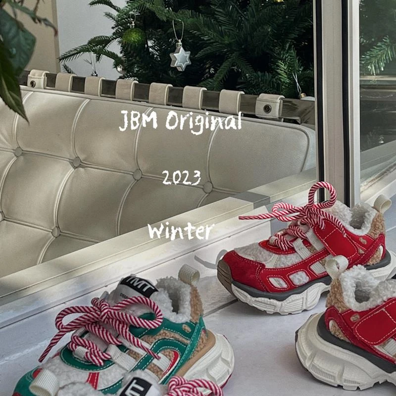 JBM女童加绒红色耶诞鞋运动鞋2023冬季新款防滑儿童魔术贴老爹鞋
