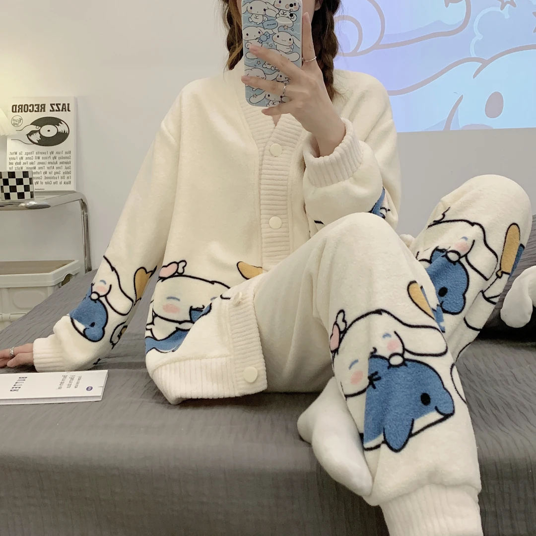 韩版睡衣女款秋冬季珊瑚绒甜美卡通加厚法兰绒日系可爱家居服套装