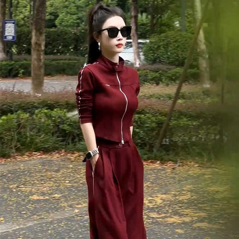 酷飒风休闲运动套装女2025年秋季欧货高级感红色外套阔腿裤两件套