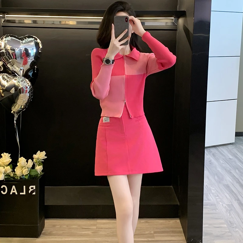 多巴胺甜妹休闲时尚套装女2025秋季洋气粉色长袖针织衫短裙两件套