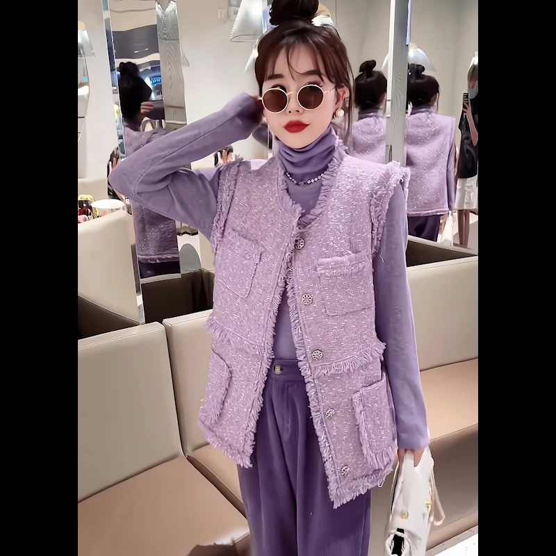 春秋新款大码女装穿搭一整套时尚开衫无袖纽扣马甲上衣三件套女装