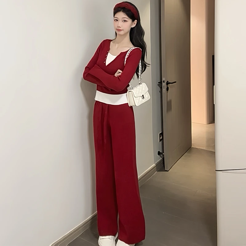 假两件过年网红套装红色针织上衣时尚女冬季气质休闲阔腿裤两件套