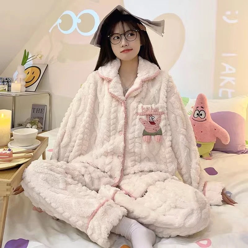 新款派大星睡衣女秋冬季保暖珊瑚绒加绒加厚可外穿可爱家居服套装