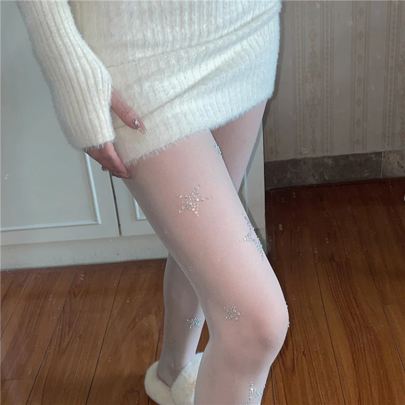 吾等是猫 网红星星烫钻显瘦白丝jk袜纯蕾丝欲任意剪连裤袜黑丝袜