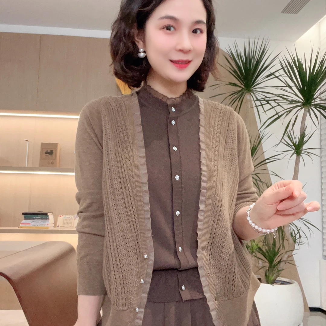 立领假两件开衫针织衫咖色开衫小小织开衫DQ6158